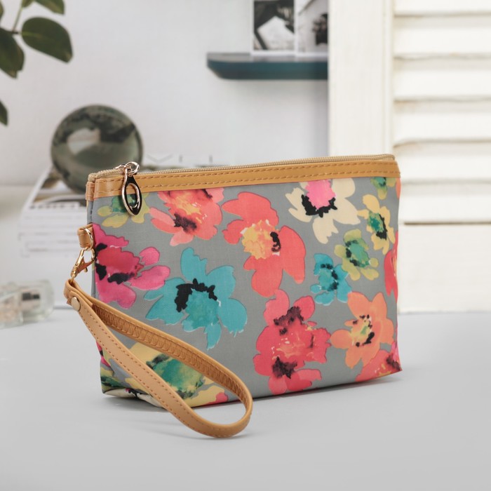 Набор косметичек 2 в 1, "Цветочки", отдел на молнии с ручкой, цвет серый