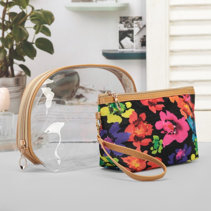 Набор косметичек 2 в 1, "Цветочки", отдел на молнии с ручкой, цвет чёрный