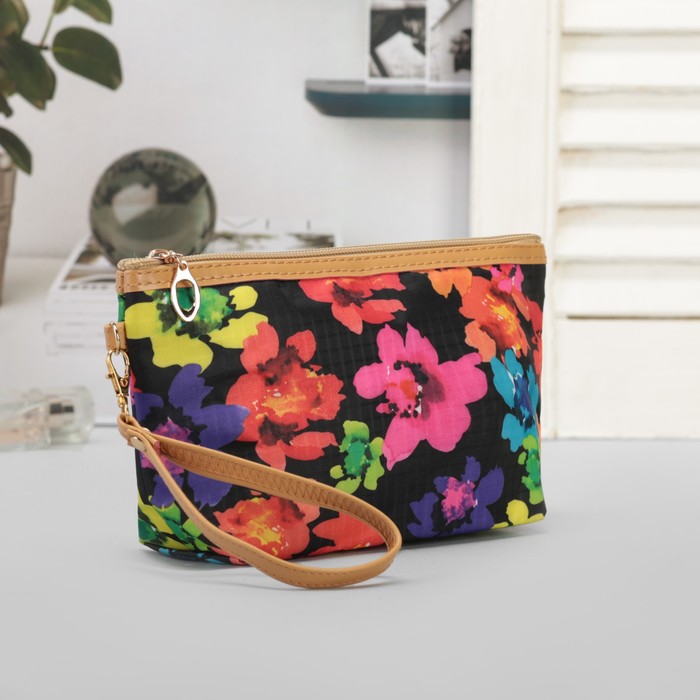 Набор косметичек 2 в 1, "Цветочки", отдел на молнии с ручкой, цвет чёрный