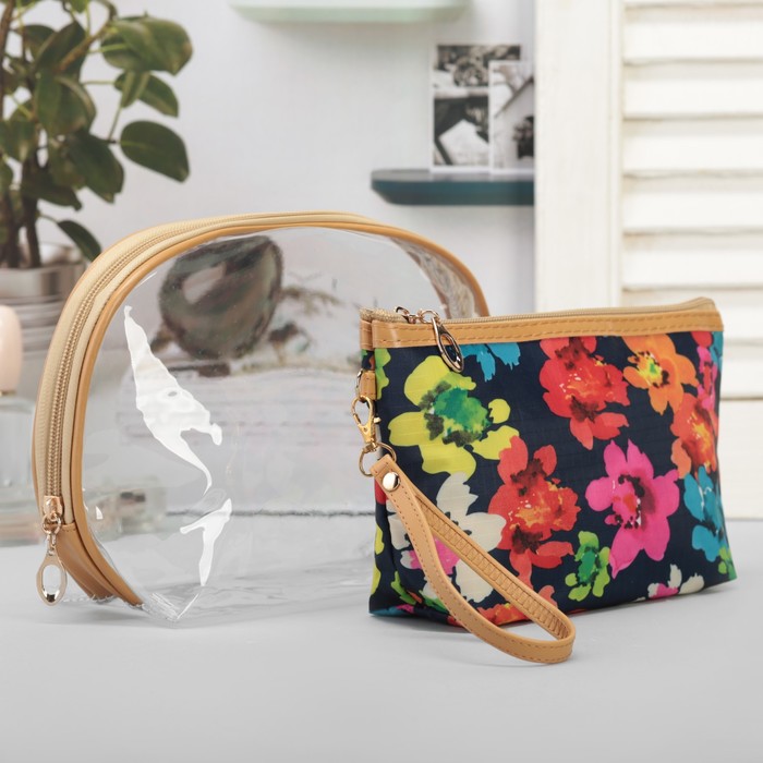 Набор косметичек 2 в 1, "Цветочки", отдел на молнии с ручкой, цвет синий