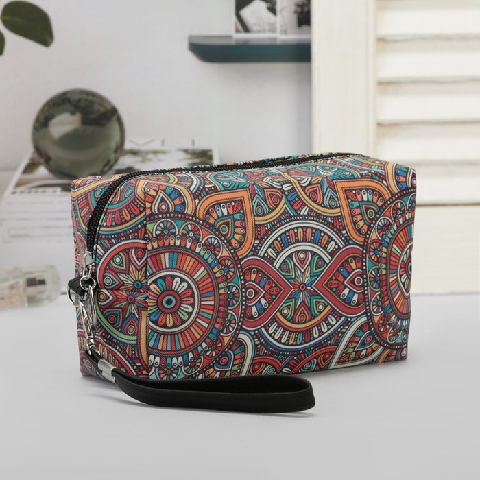 Косметичка дорожная "Узор", отдел на молнии, ручка, цвет чёрный/разноцветный