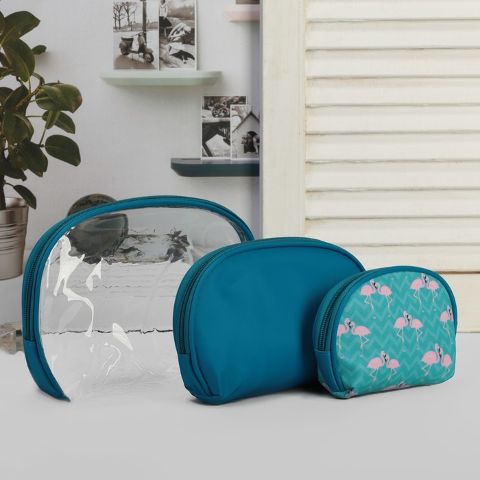 Набор косметичек 3 в 1 ""Фламинго"", отдел на молнии, цвет синий