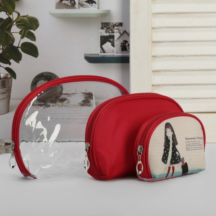 Набор косметичек 3 в 1, отдел на молнии, цвет красный