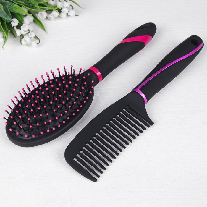 Набор расчесок РОЗОВЫЙ ЛОТОС 2пр 25,5*7(±1)см прорезин чёрный/розовый QF