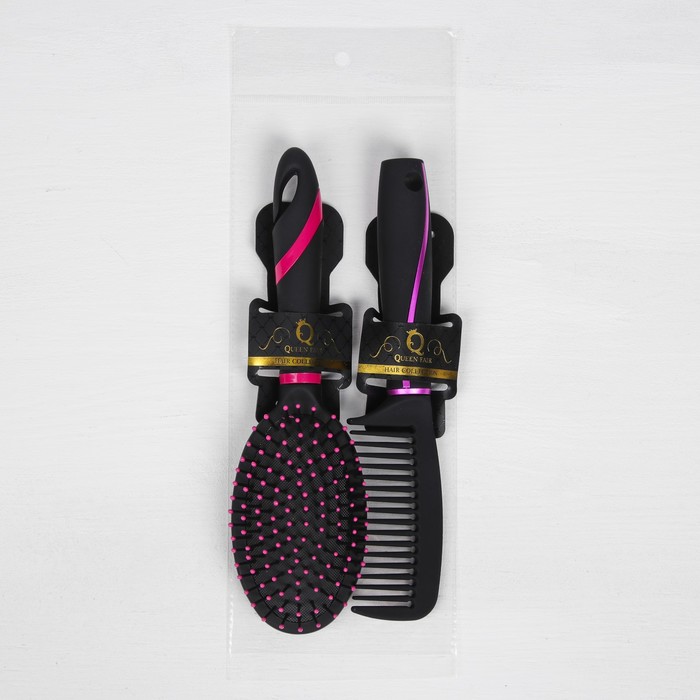 Набор расчесок РОЗОВЫЙ ЛОТОС 2пр 25,5*7(±1)см прорезин чёрный/розовый QF