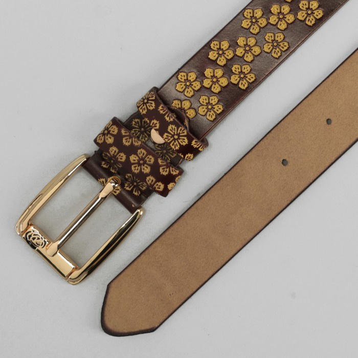 Ремень женский, цветы, перфорация, пряжка золото, цвет кофе