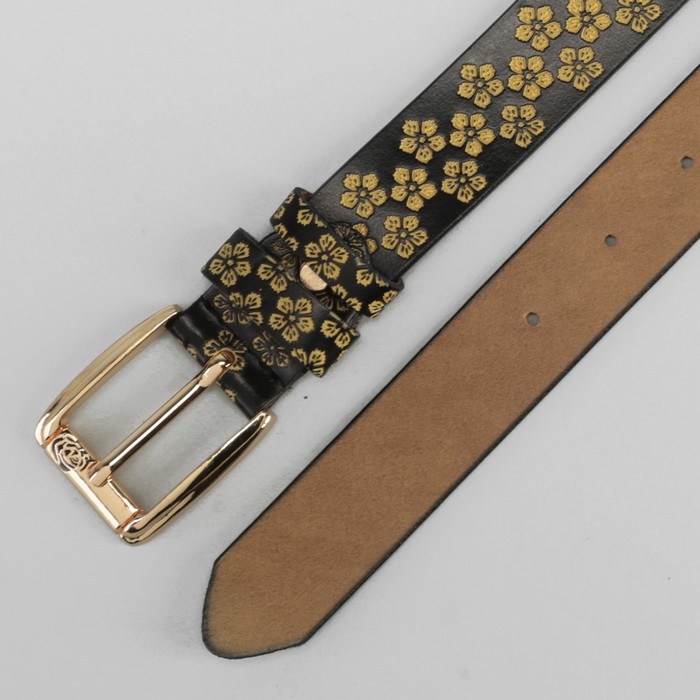 Ремень женский, цветы, перфорация, пряжка золото, цвет чёрный