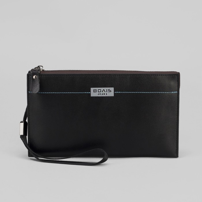Клатч мужской, 2 отдела, для карт, на молнии, ручка, цвет чёрный