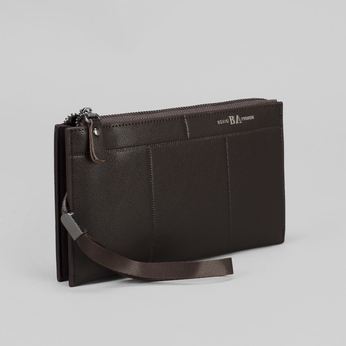 Клатч мужской, 2 отдела, для карт, на молнии, ручка, цвет кофе