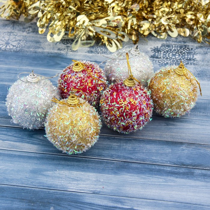 Набор ёлочных украшений "Шарики блеск" d-6 см, 6шт., микс