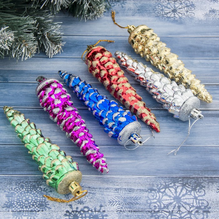 Украшение ёлочное "Длинные шишки" (набор 6 шт) разноцветные 3,5*12,2 см