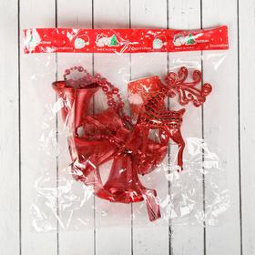 

Украшение новогоднее "Три колокольчика с бусами на подвесе с оленем" 9х50 см, красный