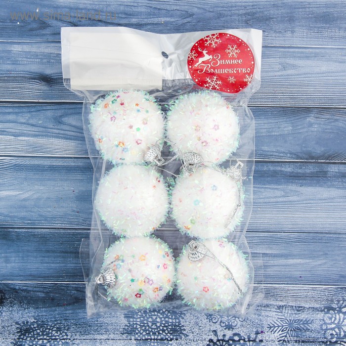 фото Набор шаров пластик d-5 см, 6 шт "пушистый блеск" белый зимнее волшебство