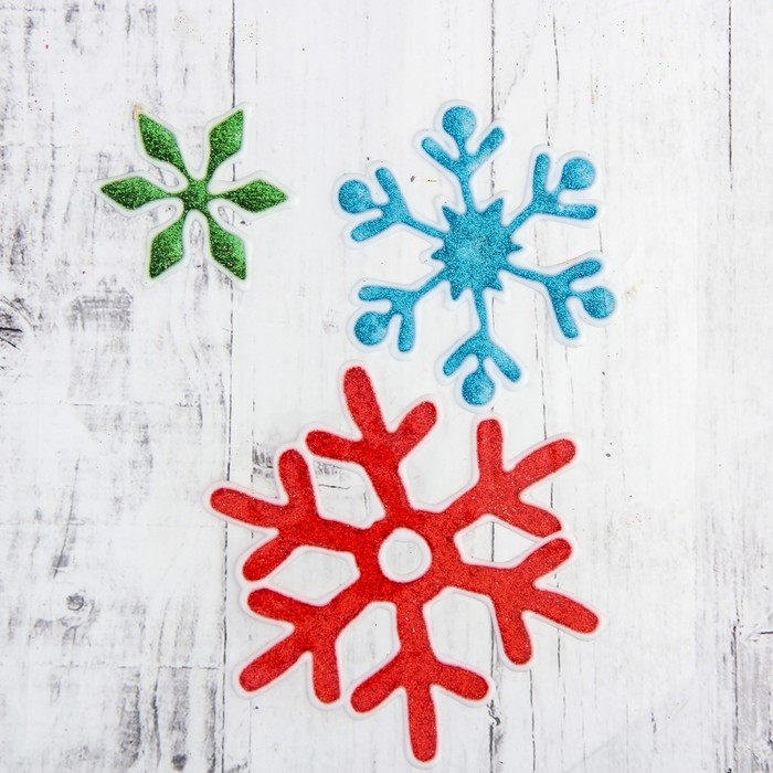 Наклейка на стекло "Снежинки" 11см, 8,5 см, 5,5 см, красный, синий, зелёный