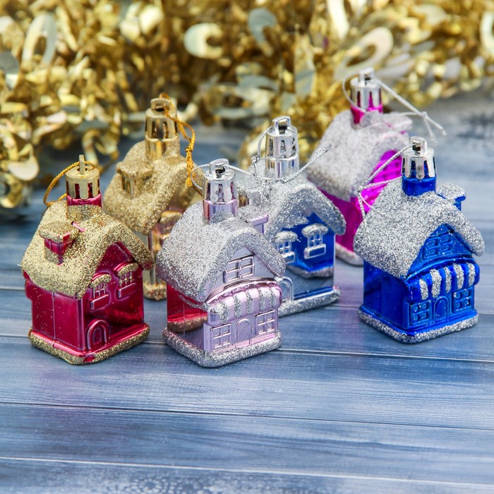 Украшение ёлочное "Домики" (набор 6 шт) блеск 3,5*4,2 см