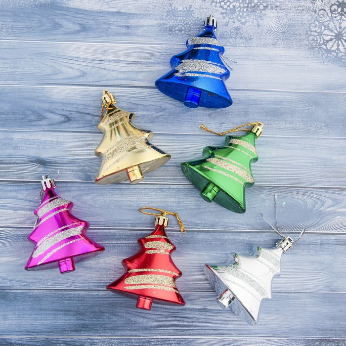 Украшение ёлочное "Ёлочки" (набор 6 шт) разноцветные с полосами 6*6,5 см