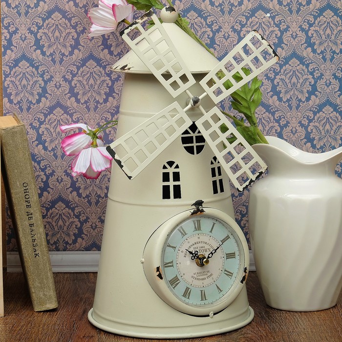 Часы настольные Лофт Мельница, белые, под старину d=10 19*19*36 см