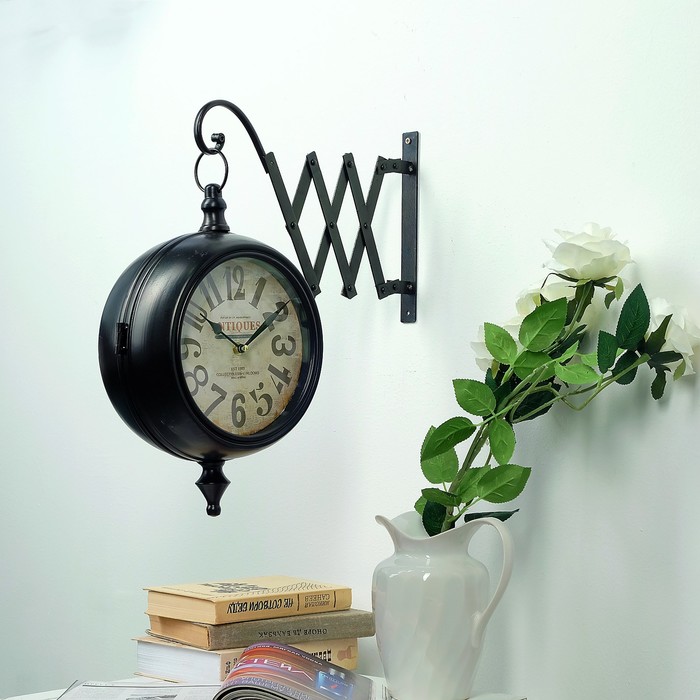 Двойные настенные часы раздвижные, черные d=19 см, 52*13*50 см