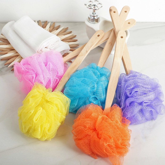 Мочалка для тела с ручкой, одноцветная, цвет МИКС