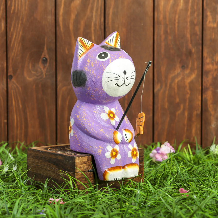 Сувенир дерево "Котёнок рыбак" фиолетовый 9х9х20 см