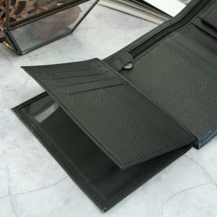 Портмоне мужское 3 в 1 (автодокументы+паспорт), 2 отдела, для карт, для монет, цвет чёрный/синий