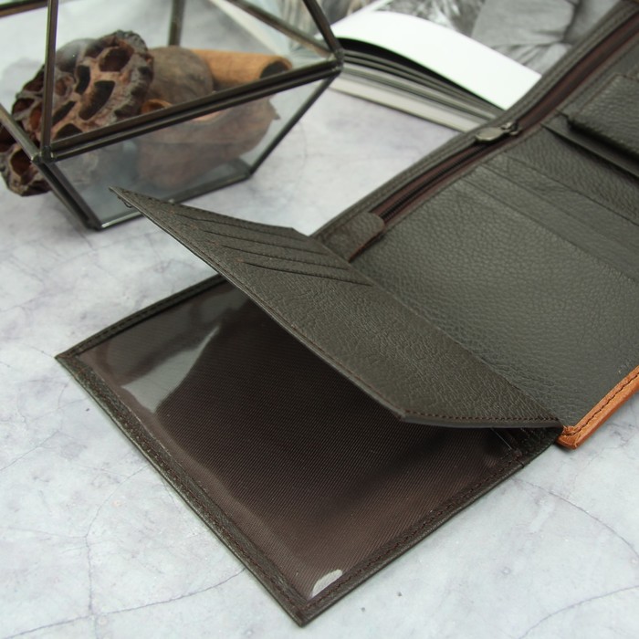 Портмоне мужское 3 в 1 (автодокументы+паспорт), 2 отдела, для карт, для монет, цвет коричневый