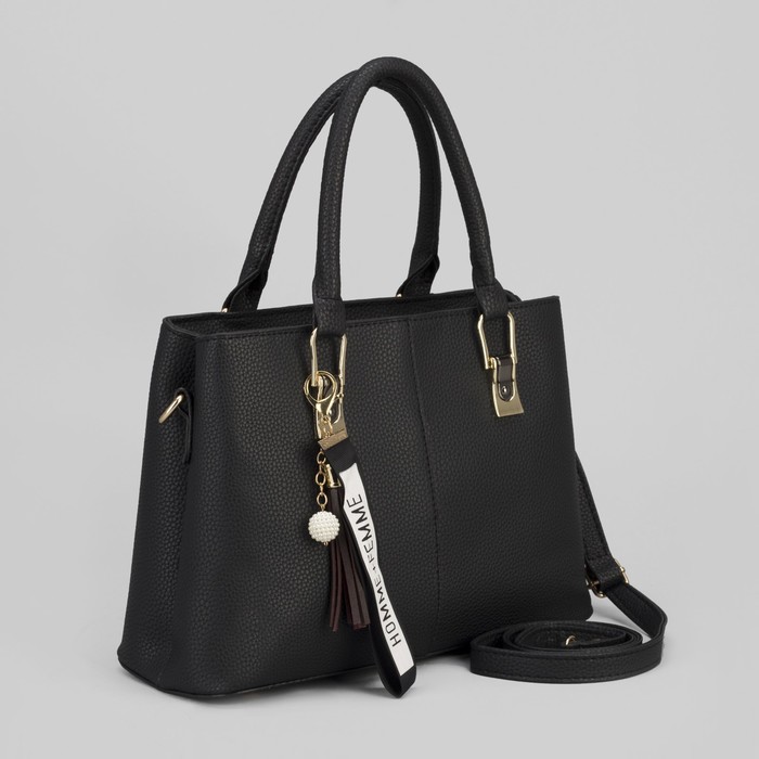 Сумка женская, 2 отдела на молниях, наружный карман, длинный ремень, цвет чёрный