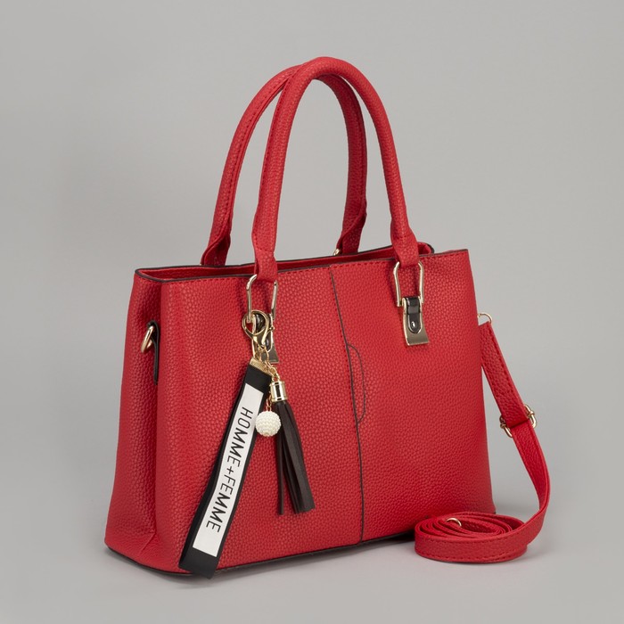 Сумка женская, 2 отдела на молниях, наружный карман, длинный ремень, цвет красный