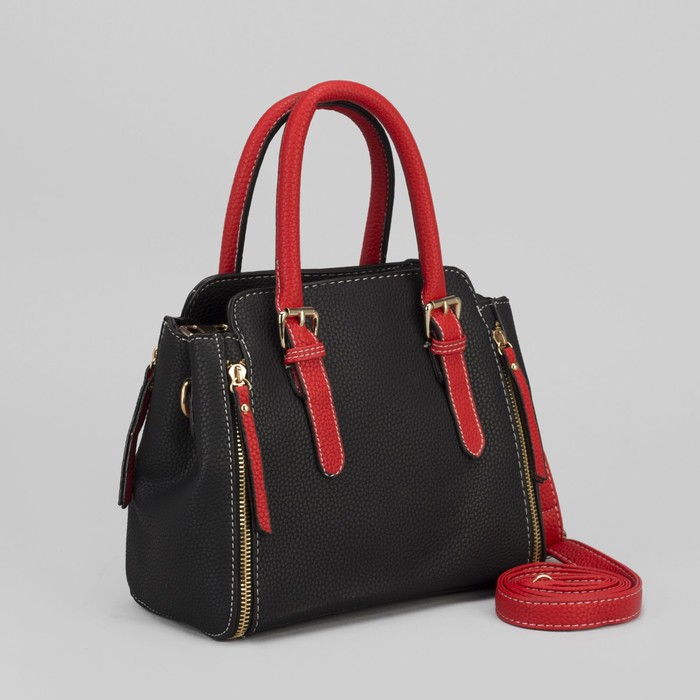 Сумка женская, 2 отдела на молнии, длинный ремень, цвет чёрный/красный