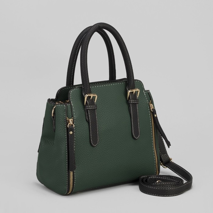 Сумка женская, 2 отдела на молнии, длинный ремень, цвет зелёный/чёрный