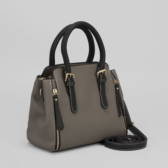 Сумка женская, 2 отдела на молнии, длинный ремень, цвет серый/чёрный