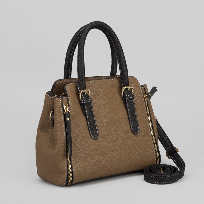 Сумка женская, 2 отдела на молнии, длинный ремень, цвет хаки/чёрный