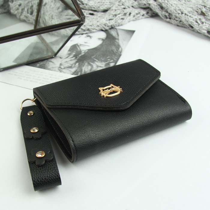 Кошелёк женский, отдел, для карт, для монет, ручка, цвет чёрный