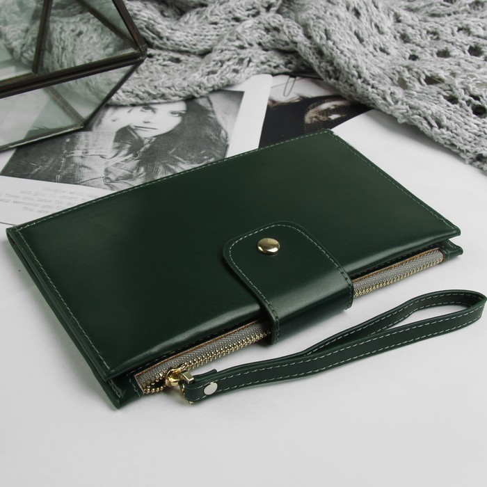 Портмоне женское, отдел, для карт, для документов, ручка, цвет зелёный