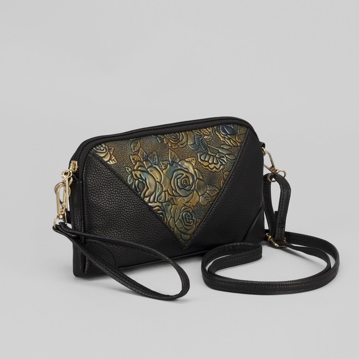 Клатч женский, отдел на молнии, наружный карман, ручка, регулируемый ремень, цвет чёрный/зелёный