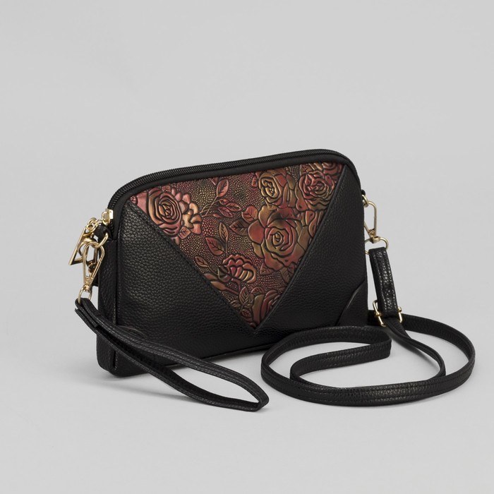 Клатч женский, отдел на молнии, наружный карман, ручка, регулируемый ремень, цвет чёрный/коричневый