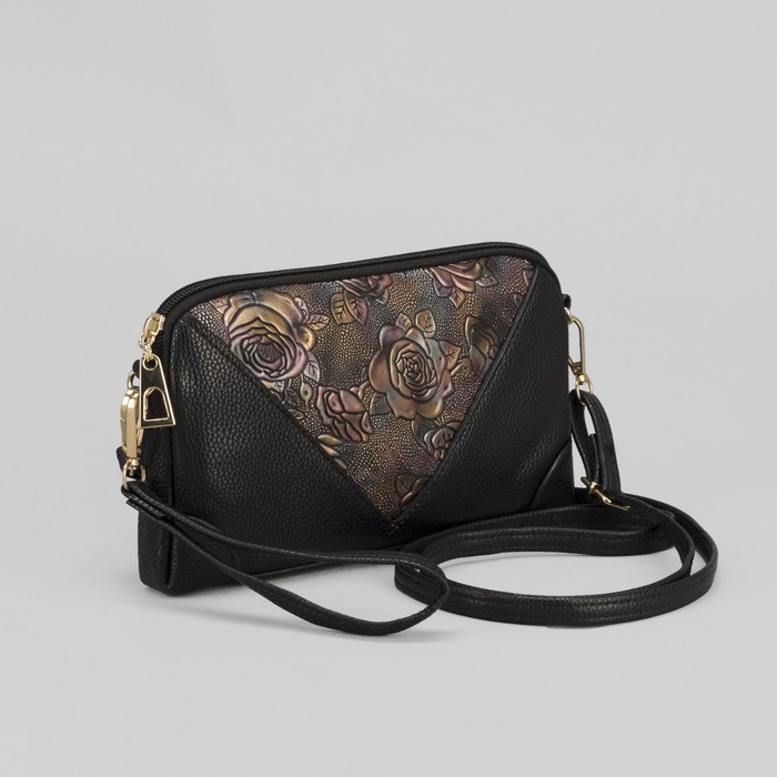 Клатч женский, отдел на молнии, наружный карман, ручка, регулируемый ремень, цвет чёрный/фиолетовый