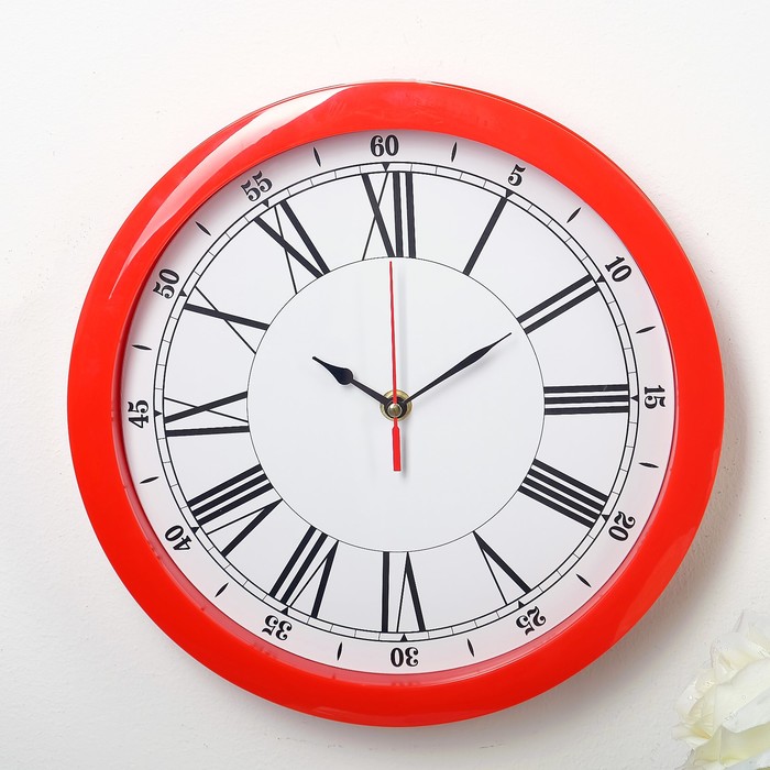 Часы настенные "Классика", римские цифры, красный обод, 28х28 см