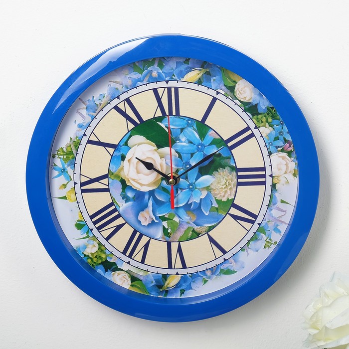 Часы настенные "Цветы", синий обод, 28х28 см