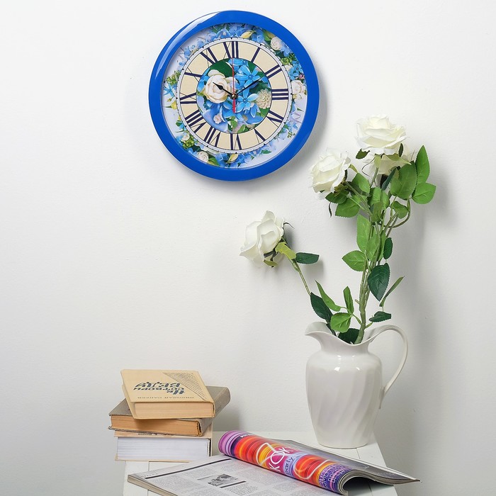 Часы настенные "Цветы", синий обод, 28х28 см