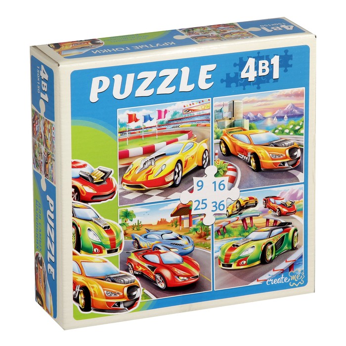 Пазл 4 в 1 "Крутые гонки" - 9, 16, 25, 36 элементов