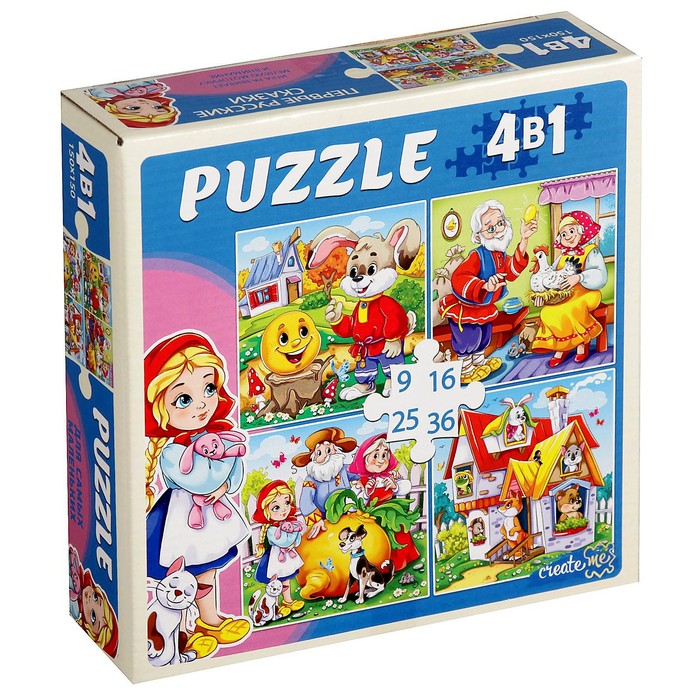 Пазл 4 в 1 "Первые русские сказки" - 9, 16, 25, 36 элементов