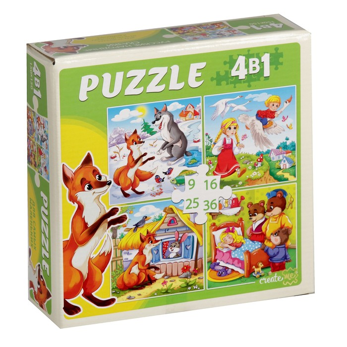 Пазл 4 в 1 "Русские народные сказки" - 9, 16, 25, 36 элементов
