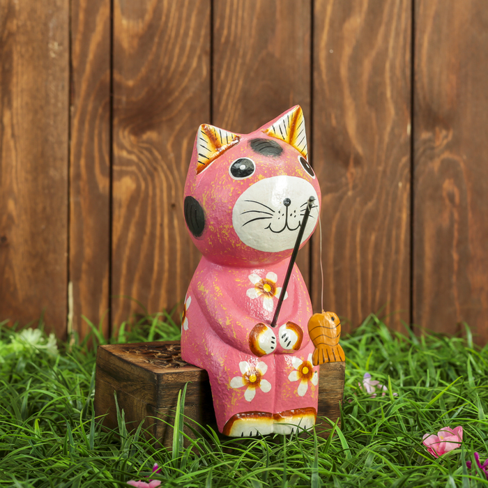 Сувенир дерево "Котёнок рыбак" розовый 9х9х20 см