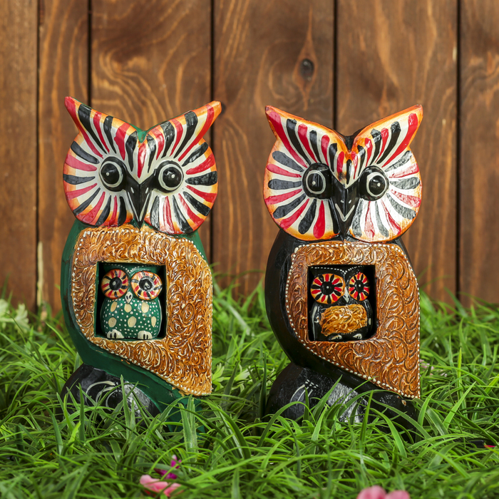 Сувенир дерево "Сова с совёнком" зелёный/красный 20х8,5х5 см