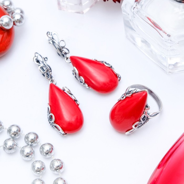 Гарнитур посеребрение 2 предмета: серьги, кольцо, тесьма "Коралл", 18 размер