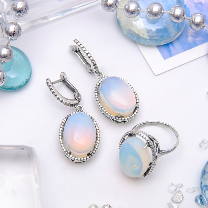 Гарнитур посеребрение 2 предмета: серьги, кольцо, антик "Цоизит", 18 размер