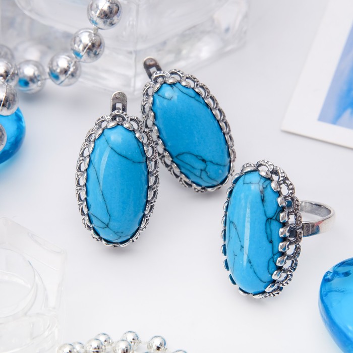 Гарнитур посеребрение 2 предмета: серьги, кольцо, пьедестал "Бирюза", 19 размер