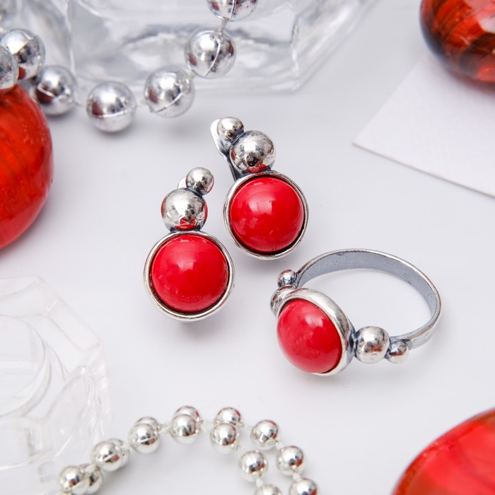 Гарнитур посеребрение 2 предмета: серьги, кольцо, роса "Коралл", 17,5 размер