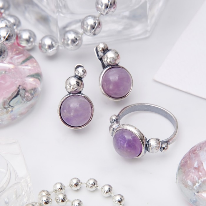 Гарнитур посеребрение 2 предмета: серьги, кольцо, роса "Аметист", 18 размер